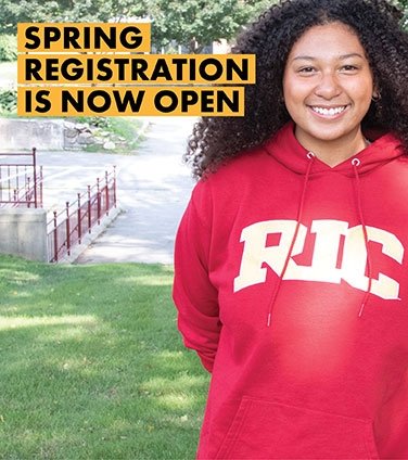 Smiling student in 麻豆原创 sweatshirt in promotional graphic for spring registration